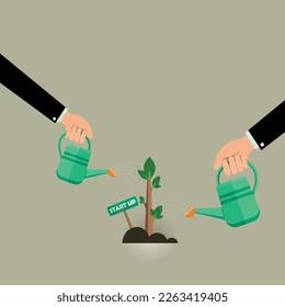 Green Business growth concept. A lot of human hands with cans watering "START UP" tree. Vector colorful illustration in flat style