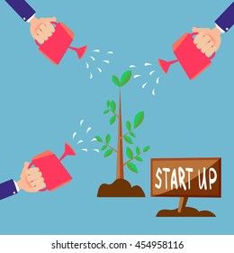 Green Business growth concept. A lot of human hands with cans watering start up tree. Vector colorful illustration in flat style