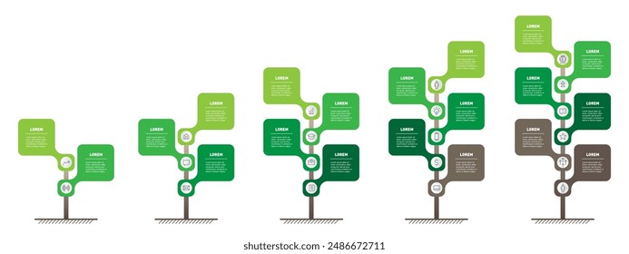 Árbol de crecimiento de negocios verdes: Infografía de 5 etapas para el desarrollo sostenible y la evolución Corporativa. Conjunto de infografías de Vertical 2, 3, 4 5 y 6 partes. Presentación de negocios.