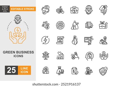 Green business icon set. Electric, light bulb, ideas, pollution, recycling and more line icon.