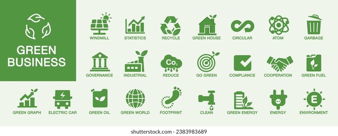 green business icons Environmental ecology, sustainability, money-saving investments, recycling, renewable energy and going green. Green business ideas, finance and sustainable investment