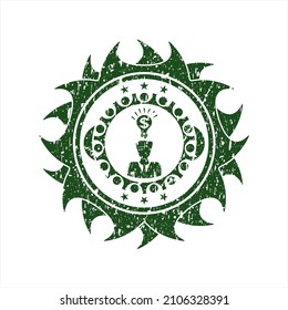 Icono de idea de negocio verde dentro del sello de caucho con textura gruesa. 