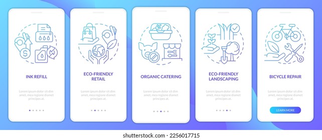 Green business ideas blue gradient onboarding mobile app screen. Walkthrough 5 steps graphic instructions with linear concepts. UI, UX, GUI template. Myriad Pro-Bold, Regular fonts used