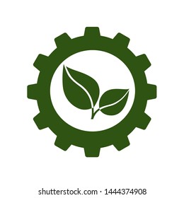 Green business or industry icon. Green leaves working  in cogwheel. Vector Illustration