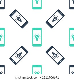 Green Business light bulb with dollar on smartphone screen icon isolated seamless pattern on white background. User touch screen. Vector.