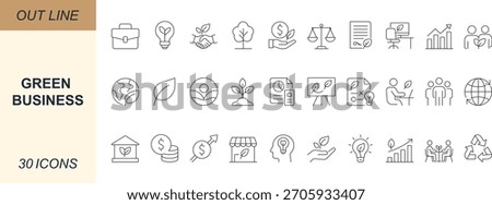Green business line icon set. Featuring eco, nature, leaf, plant, profit, finance, sustainability, recycle, energy, and innovation. Perfect for corporate, eco, and growth design.