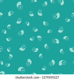 Green Business man planning mind icon isolated seamless pattern on green background. Human head with dollar. Idea to earn money. Business investment growth.  Vector Illustration