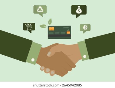 Parceria de negócios ecológicos Handshake Financiamento sustentável. Contratos públicos sustentáveis. Parcerias sustentáveis e acordos empresariais ecológicos. Parcerias ecológicas. Estilo plano. Ilustração vetorial