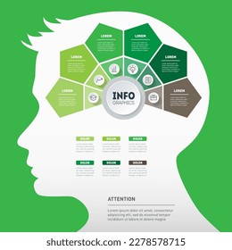 Green Business presentation concept with six options, parts, steps or processes. Infographics inside human head silhouette.