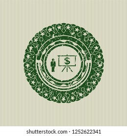 Green business presentation icon inside distressed rubber grunge texture seal