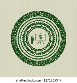 Green business presentation icon inside distress rubber stamp