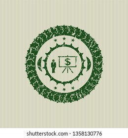 Green business presentation icon inside distress rubber grunge seal