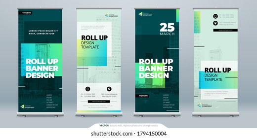 Green Business Roll Up Banner. Abstract Roll up background for Presentation. Vertical roll up, x-stand, exhibition display, Retractable banner stand or flag design layout for conference, forum.