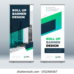 Green Business Roll Up Banner. Abstract Roll Up Background For Presentation. Vertical Roll Up, X-stand, Exhibition Display, Retractable Banner Stand Or Flag Design Layout For Conference, Forum.