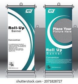 Green Business Roll Up Banner. Abstract Roll up background for Presentation. Vertical roll up, x-stand, exhibition display, Retractable banner stand or flag design layout for conference, forum.