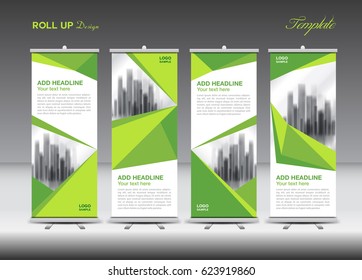 Green Business Roll Up Banner flat design template, polygon background, banner, stand, display, advertisement, j-flag, pull up, x-banner, flag-banner,  abstract geometric, vector illustration