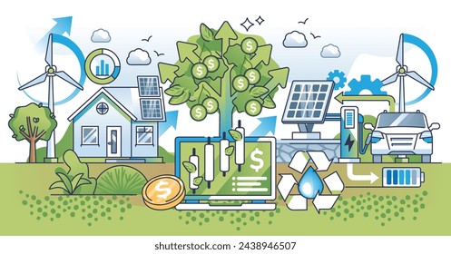 Concepto de esquema de negocio verde e inversión en energía alternativa sostenible. Beneficio de la producción de energía ambiental con paneles solares y turbinas eólicas ilustración vectorial. Compañía amigable con la naturaleza.