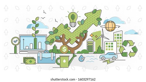 Green Business And Sustainable Energy Outline Concept Vector Illustration. Alternative Renewable Solar Or Wind Electricity Strategy For Corporate Development And Growth. Green Ecological Improvement.