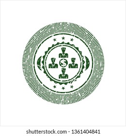 Green business teamwork and money icon inside distress rubber grunge seal