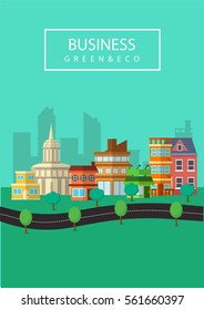Green business. Web banner with flat sustainable development elements. Environmental concept providing the natural resources and ecosystem services. Vector illustration.