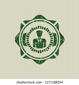 Green businessman icon with rubber seal texture