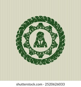 Green businesswoman icon inside distressed rubber seal with grunge texture. 