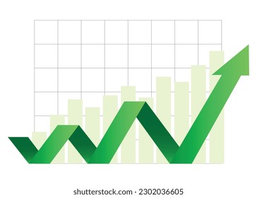 flecha de negocio verde flecha de mercado de valores creciendo apuntando hacia arriba en la gráfica económica barras de icono de tendencia ascendente de la junta financiera