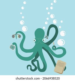 Green busy cartoon octopus multitasking