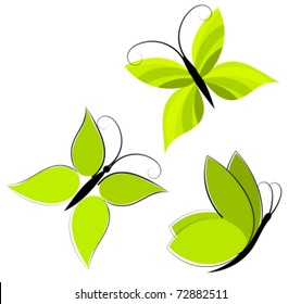 Green butterflies over white. Vector illustration