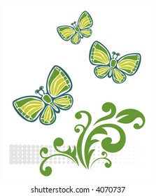 Green butterflies and a vegetative curl on a white background.