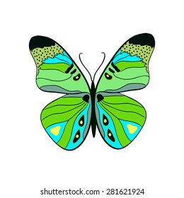 Green butterfly with black spots isolated on white.
