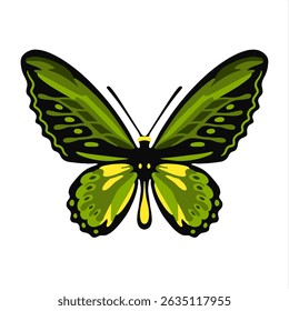 Green butterfly with bold black outlines and gradient-style layered wings in vector art style, isolated on white background, elegant and vivid