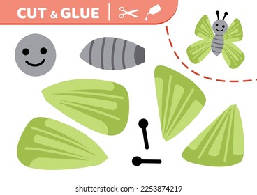 Green butterfly. Cut and glue. Butterfly. Applique. Paper education game. Flat, cartoon. Isolated vector illustration eps 10