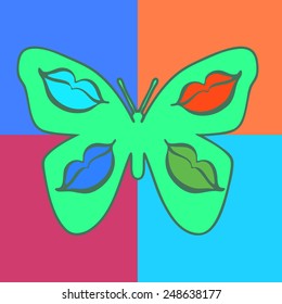 Green butterfly with decorative patterns depicting lips on wings