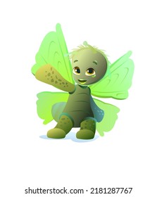 Green Butterfly fun dancing. Cute cartoon character. Funny insect object. Moth fly. Isolated on white background. Vector.