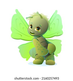 Green Butterfly fun shy timid. Cute cartoon character. Funny insect object. Moth fly. Isolated on white background. Vector.
