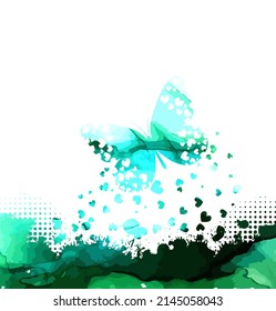 green butterfly with hearts. Happy Valentine's Day . Vector illustration