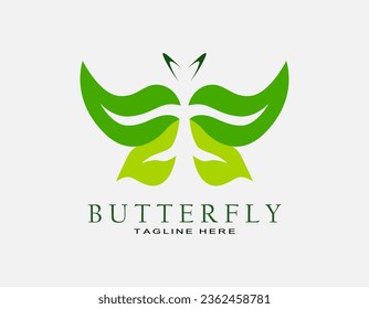 Green butterfly logo. Design vector with leaves. Elegant beauty icon for spa, cosmatic, nature.