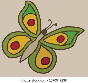 green butterfly with red spots on the wings