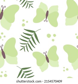 Green butterfly seamless pattern with floral palm leaf on white background. Colorful cartoon vector repeat background spring summer. Digital paper, wrapping fabric, skinny tumbler