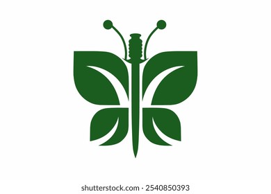 Green butterfly vector design with sword-shaped body and wings, symbolizing power and transformation. Ideal for logos, concepts or symbolic designs.