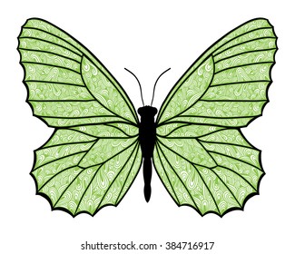 Green butterfly. Zentangle style. Vector illustration.