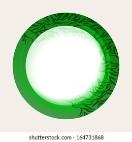 Green button with abstract leaves on a white background. Vector Illustration 