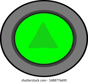 Green button with up arrow, shiny icon with black metal frame, 3D button, green button  on white background
