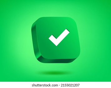 Green button with check mark on green background. 3d vector illustration