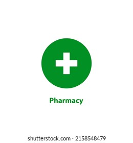 Botón verde con cruz. Signo de farmacia. Ilustración vectorial.