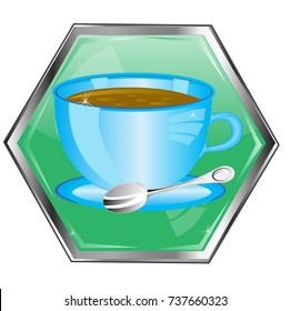Green button with cup coffee on white background is insulated