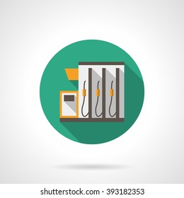 Green button with gasoline pump on gas station. Petroleum industry. Vehicles filling. Flat color round style vector icon. Web design element for site, mobile and business.