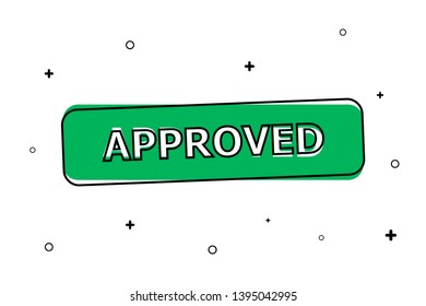 The green button labeled "APPROVED" is depicted on a white background with small black objects.