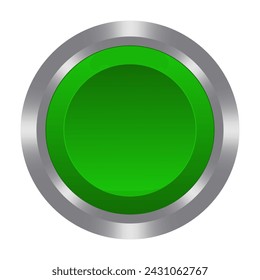 Green button with metal base. Push, press, touch, control centre, panel, manipulation, key, knob, management, administration, operation, switch on off, stop, start, caution, help. Vector illustration